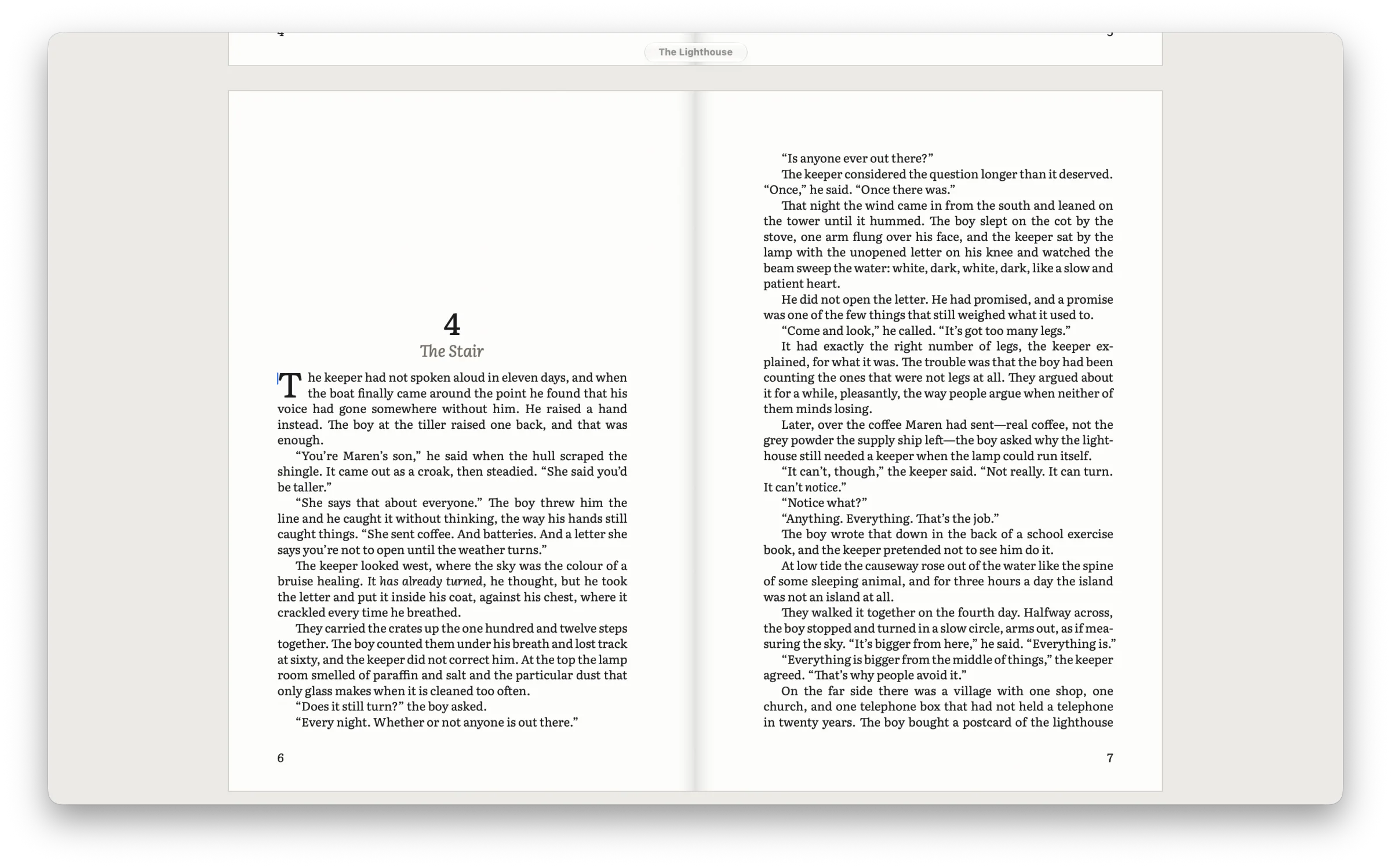 Novel while you type: The Lighthouse as two facing pages, chapter 4 opening on the left, with the toolbar and the rail faded away.