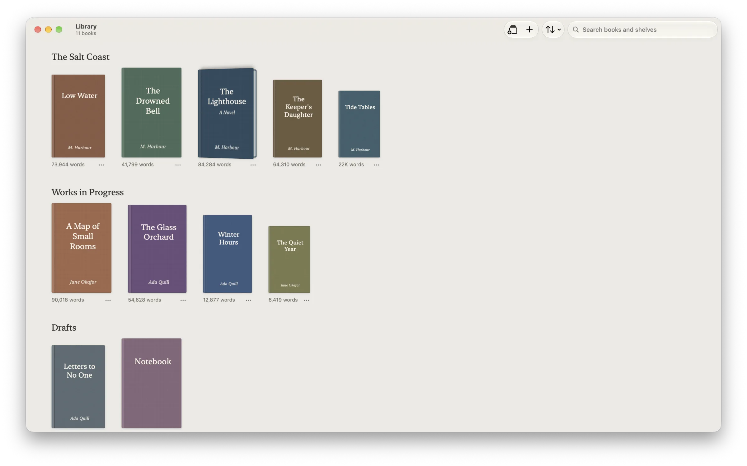 The shelf: books on shelves as covers at their own trim sizes, each with its word count.